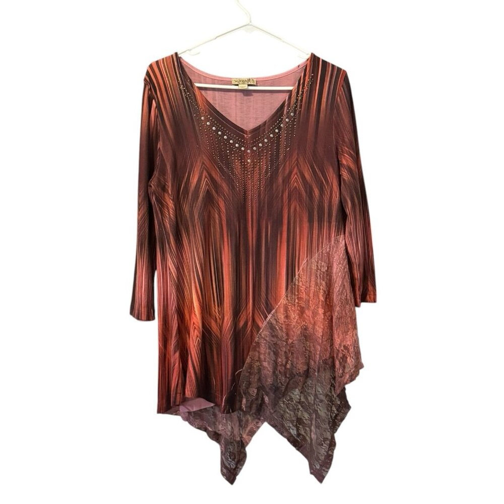 One World Live & Let Live Tunic Top Size Small Stretch Hi-Low Embellished Modern